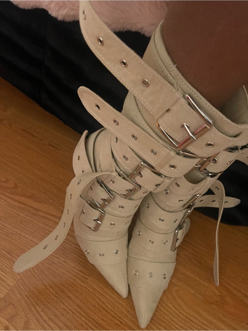 Miss Lola Cream Pointed Toe Buckle & Stud Ankle Boots